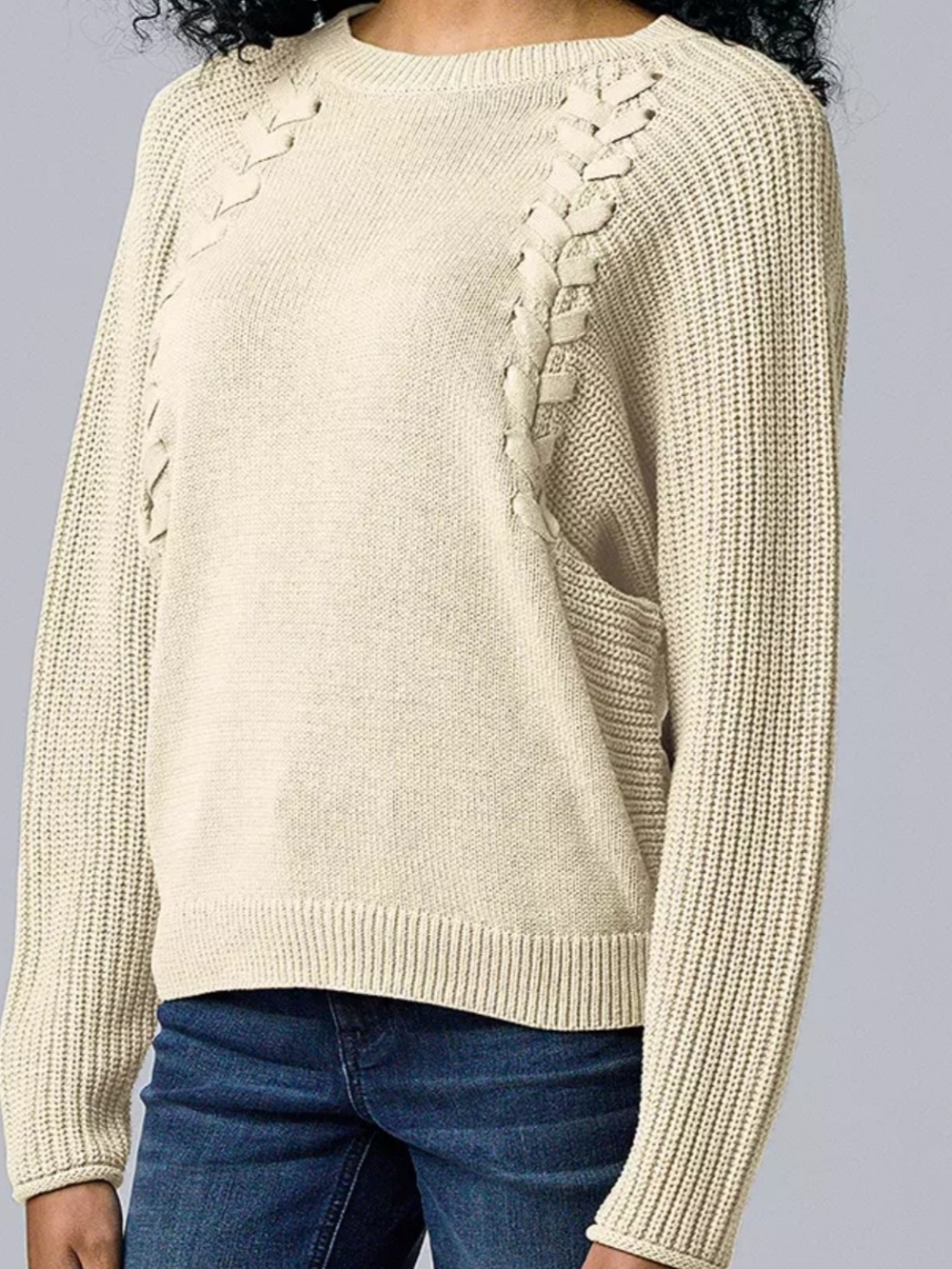 Simply Vera Vera Wang L Cream Braided-Detail Crewneck Sweater